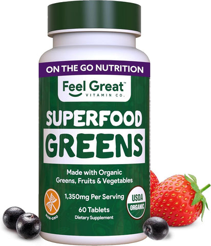 USDA Organic Super Greens Fruit & Veggie Tablets. (60 Count) The Feel Great Vitamin Company 